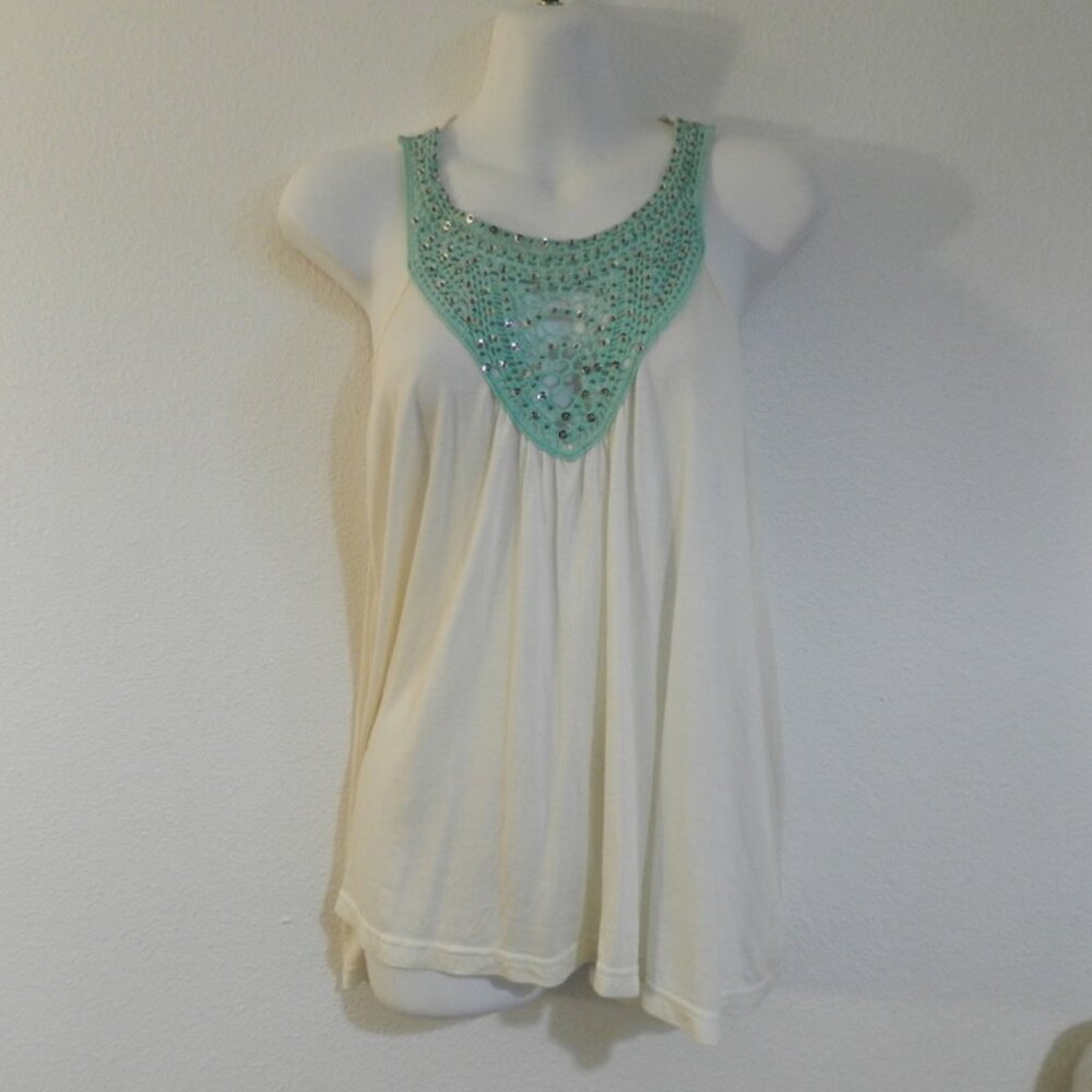Cream Tank Top with Mint Crochet Yoke